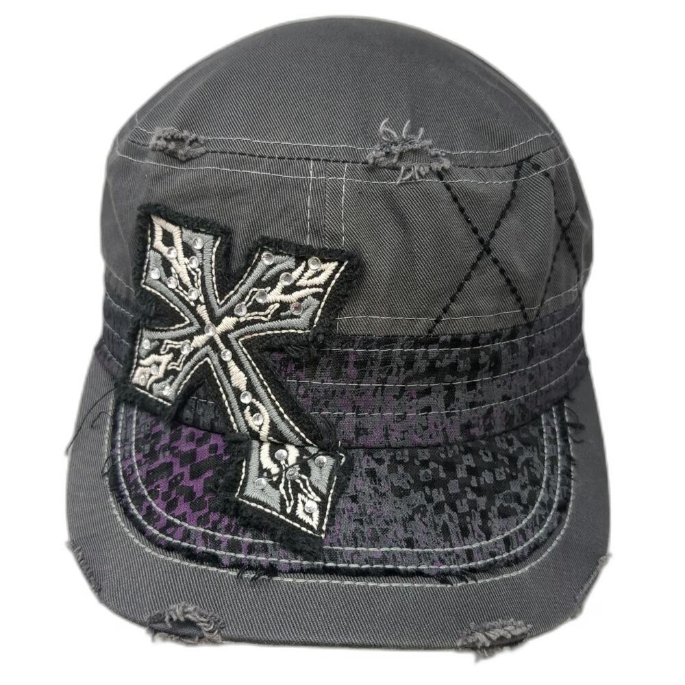 KBETHOS Gray Army Cap OSFM Cross Rhinestone Distressed Hat Purple Print Stitch